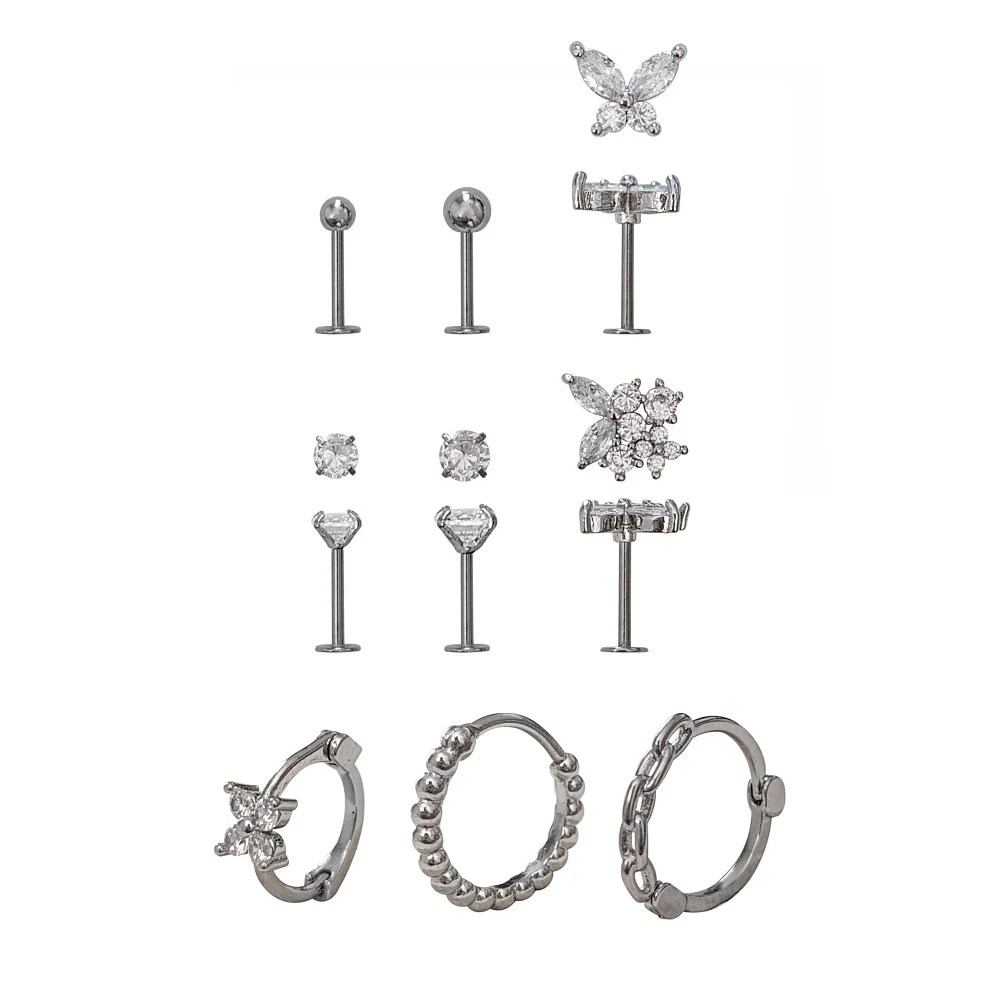 Multi-Pack CZ Silvertone Cartilage Earrings 9 Pack - 18 Gauge
