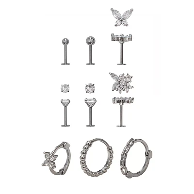Multi-Pack CZ Silvertone Cartilage Earrings 9 Pack - 18 Gauge