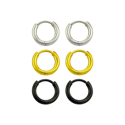 Multi-Pack Silvertone Goldtone Black Huggie Hoop Earrings - 3 Pair