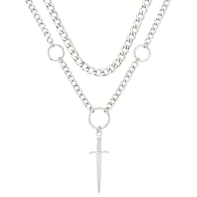 Silvertone Double Row Dagger Pendant Chain Necklace