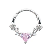 Pink Heart CZ Rose Hinged Septum Ring - 16 Gauge