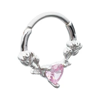 Pink Heart CZ Rose Hinged Septum Ring - 16 Gauge