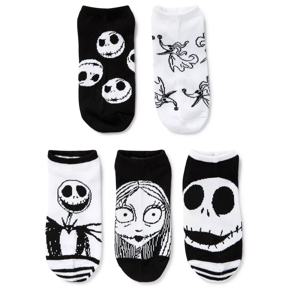 Multi-Pack Black and White Jack Skellington and Sally No Show Socks 5 Pack - The Nightmare Before Christmas