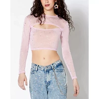 Long Sleeve Sparkle Mesh Cutout Crop Top