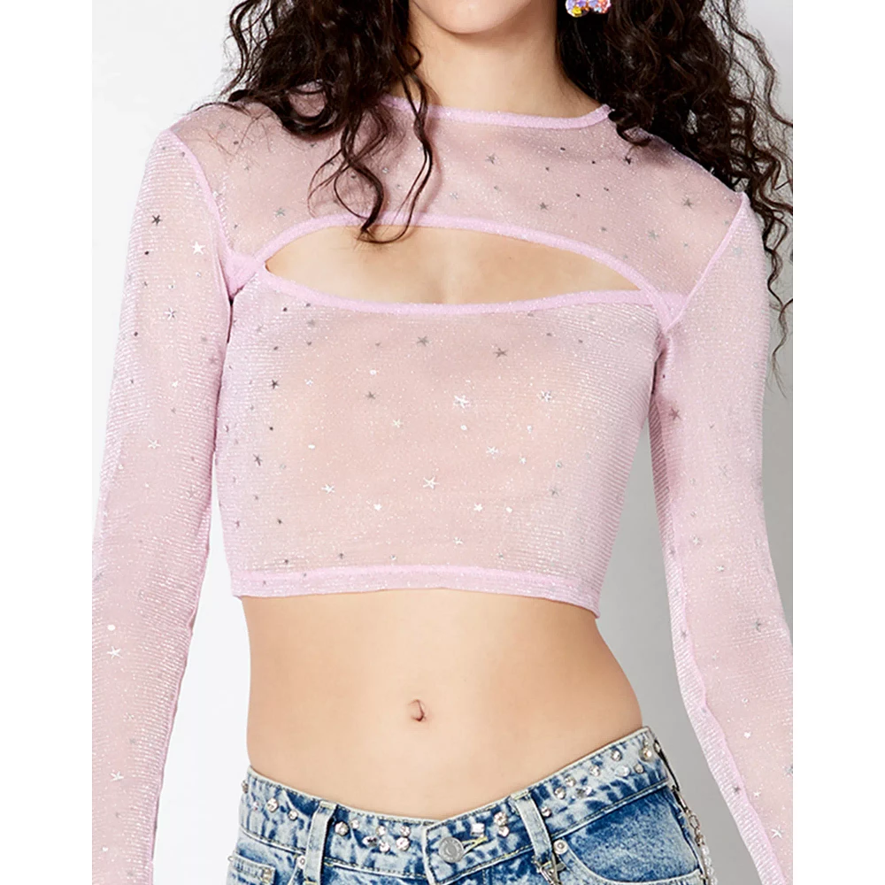 Long Sleeve Sparkle Mesh Cutout Crop Top