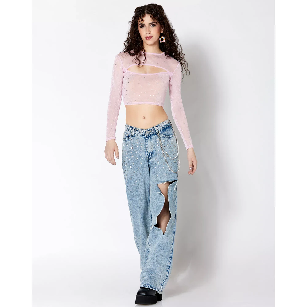Long Sleeve Sparkle Mesh Cutout Crop Top