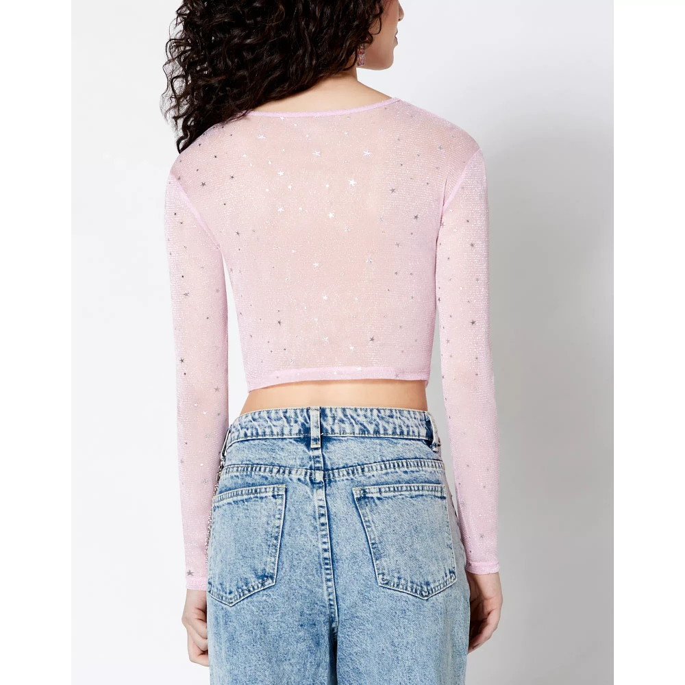 Long Sleeve Sparkle Mesh Cutout Crop Top