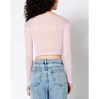 Long Sleeve Sparkle Mesh Cutout Crop Top
