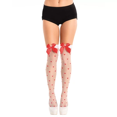 Red and White Heart Bow Thigh High Stockings