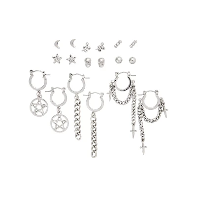 Multi-Pack Pentagram Chain Dangle Hoop & Stud Earrings - 9 Pack