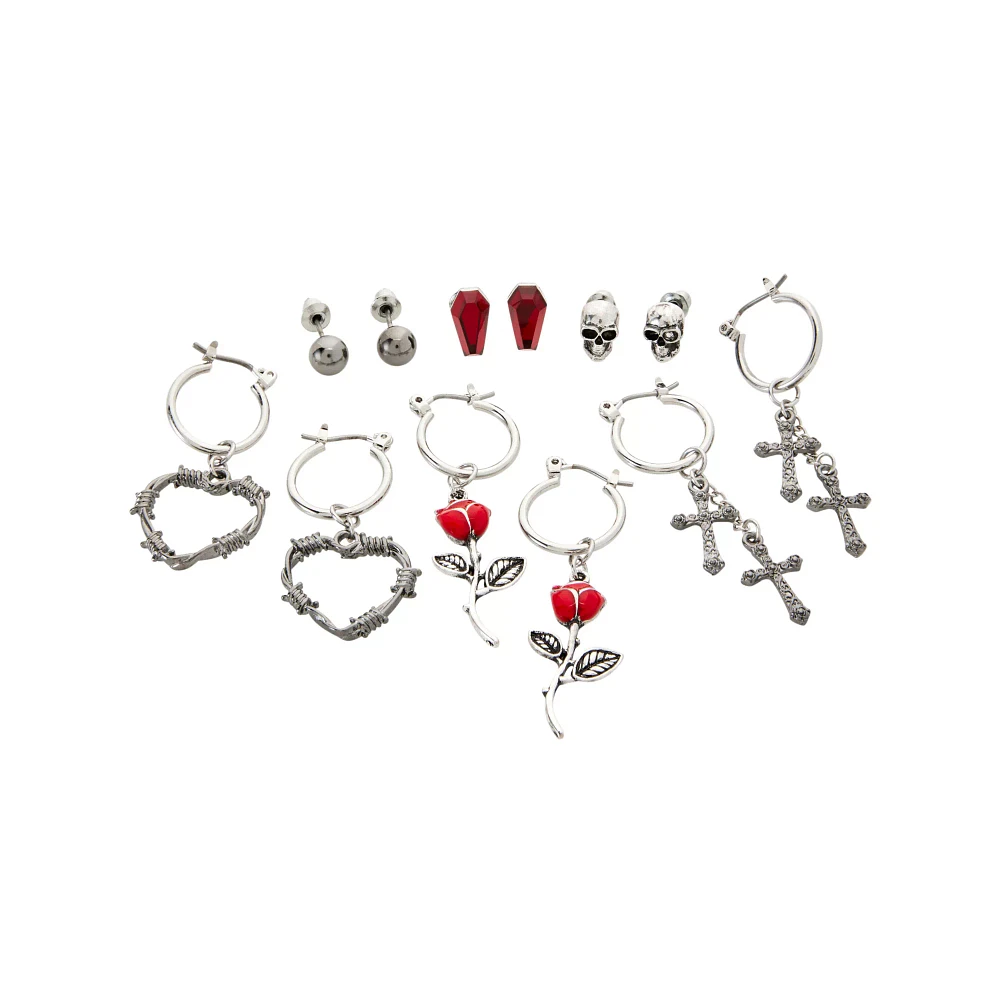 Multi-Pack Silvertone Heart Rose Cross Coffin Earrings - 6 Pair