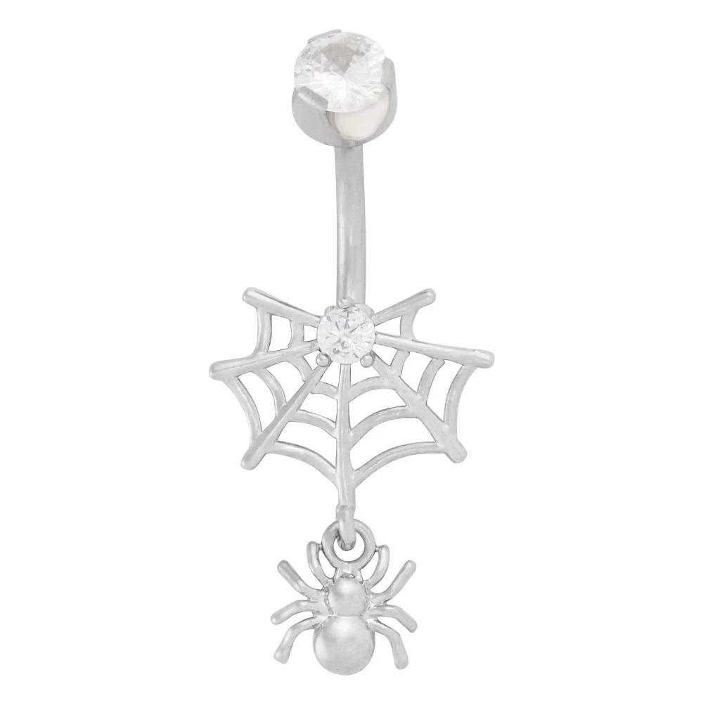 CZ Silvertone Spider Web Dangle Belly Ring - 14 Gauge