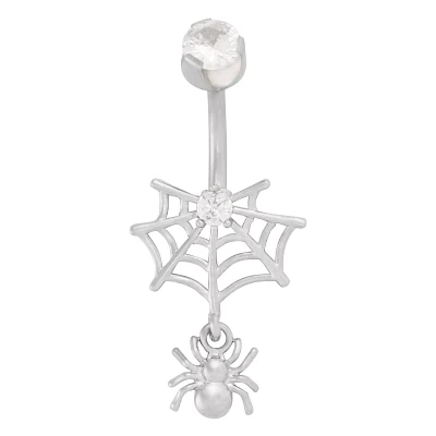 CZ Silvertone Spider Web Dangle Belly Ring - 14 Gauge