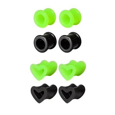 Multi-Pack Green and Black Heart Silicone Tunnels - 4 Pairs