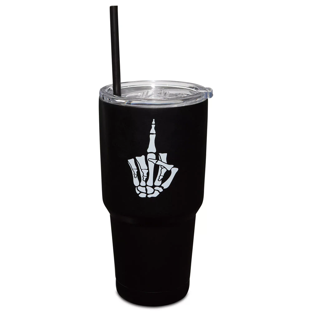Skeleton Middle Finger Travel Tumbler with Straw - 30 oz.