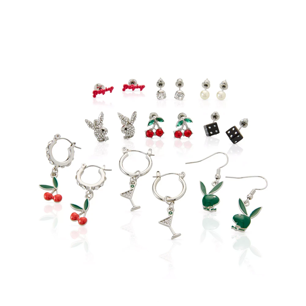 Multi-Pack CZ Playboy Cherry Huggie Hoop and Stud Earrings - 9 Pack