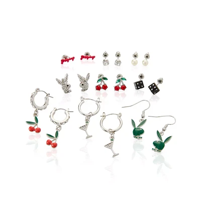 Multi-Pack CZ Playboy Cherry Huggie Hoop and Stud Earrings - 9 Pack