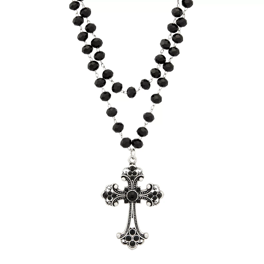 Beaded Black Cross Pendant Necklace