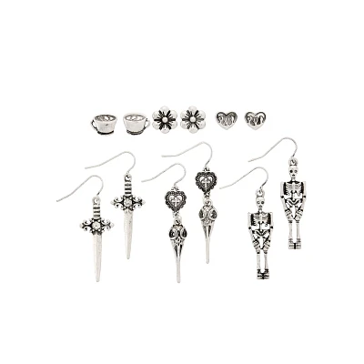 Multi-Pack Flower, Coffee, and Skeleton Stud and Dangle Earrings - 6 Pair