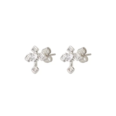 CZ Silvertone Cross Stud Earrings