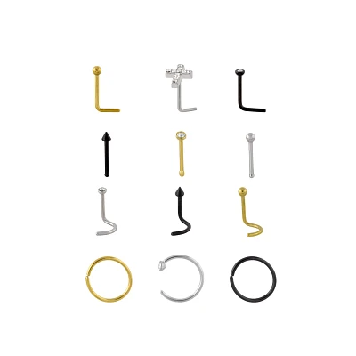 Multi-Pack CZ Cross Goldtone and Black Nose Rings 12 Pack - 20 Gauge