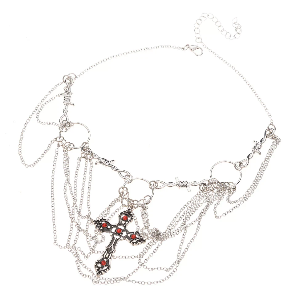 Silver Gothic Cross Draped Choker Necklace