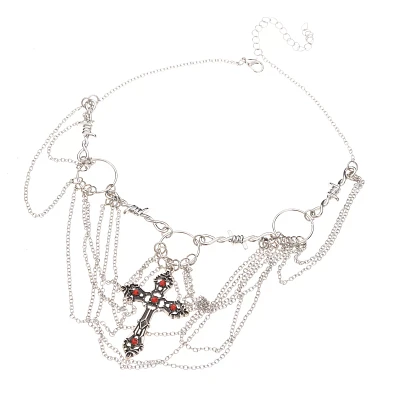 Silver Gothic Cross Draped Choker Necklace