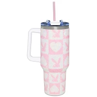 Playboy Pink and White Rhinestone Travel Tumbler with Straw - 40 oz.