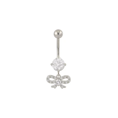 CZ Prong Bow Silvertone Dangle Belly Ring - 14 Gauge