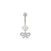 CZ Prong Bow Silvertone Dangle Belly Ring - 14 Gauge