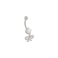 CZ Prong Bow Silvertone Dangle Belly Ring - 14 Gauge