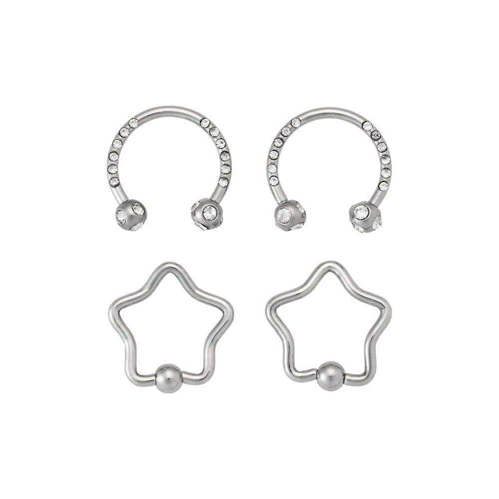 Multi-Pack CZ Star Captive Hoop and Horseshoe Rings 4 Pack - 16 Gauge