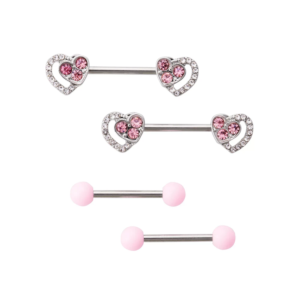 Multi-Pack CZ Pink Heart Nipple Barbells 4 Pack - 14 Gauge