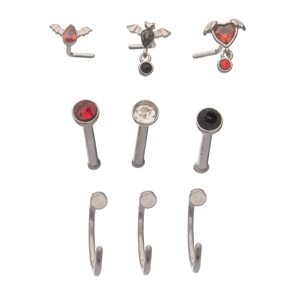Multi-Pack Red and Black Bat Nose Pins Hoops 9 Pack - 20 Gauge