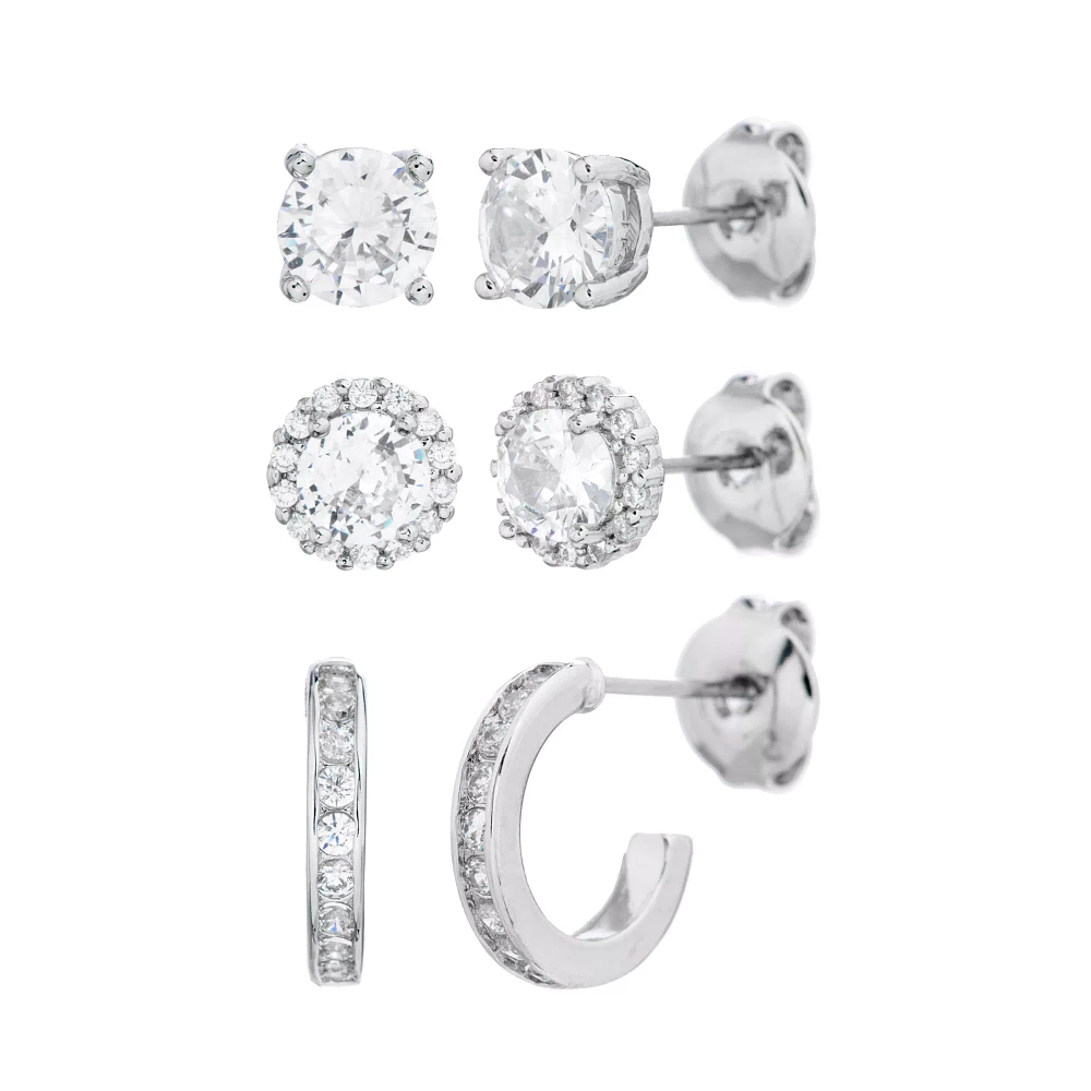 Multi-Pack CZ Studs and Hoop Earrings - 3 Pair