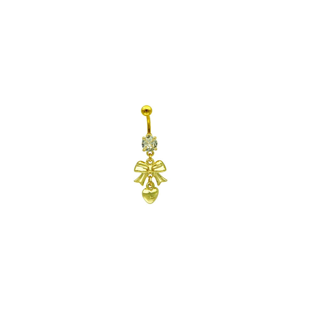 CZ Gold Heart and Bow Dangle Belly Ring - 14 Gauge