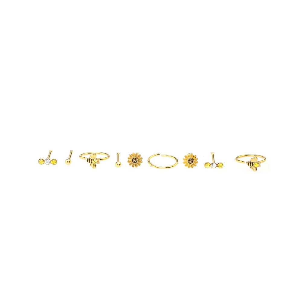 Multi-Pack Round CZ Goldtone Sunflower Nose Rings 9 Pack - 20 Gauge
