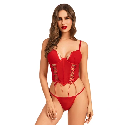 Red Mesh Lace-Up Corset