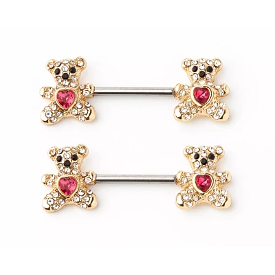 CZ Teddy Bear Goldtone Nipple Barbells - 14 Gauge