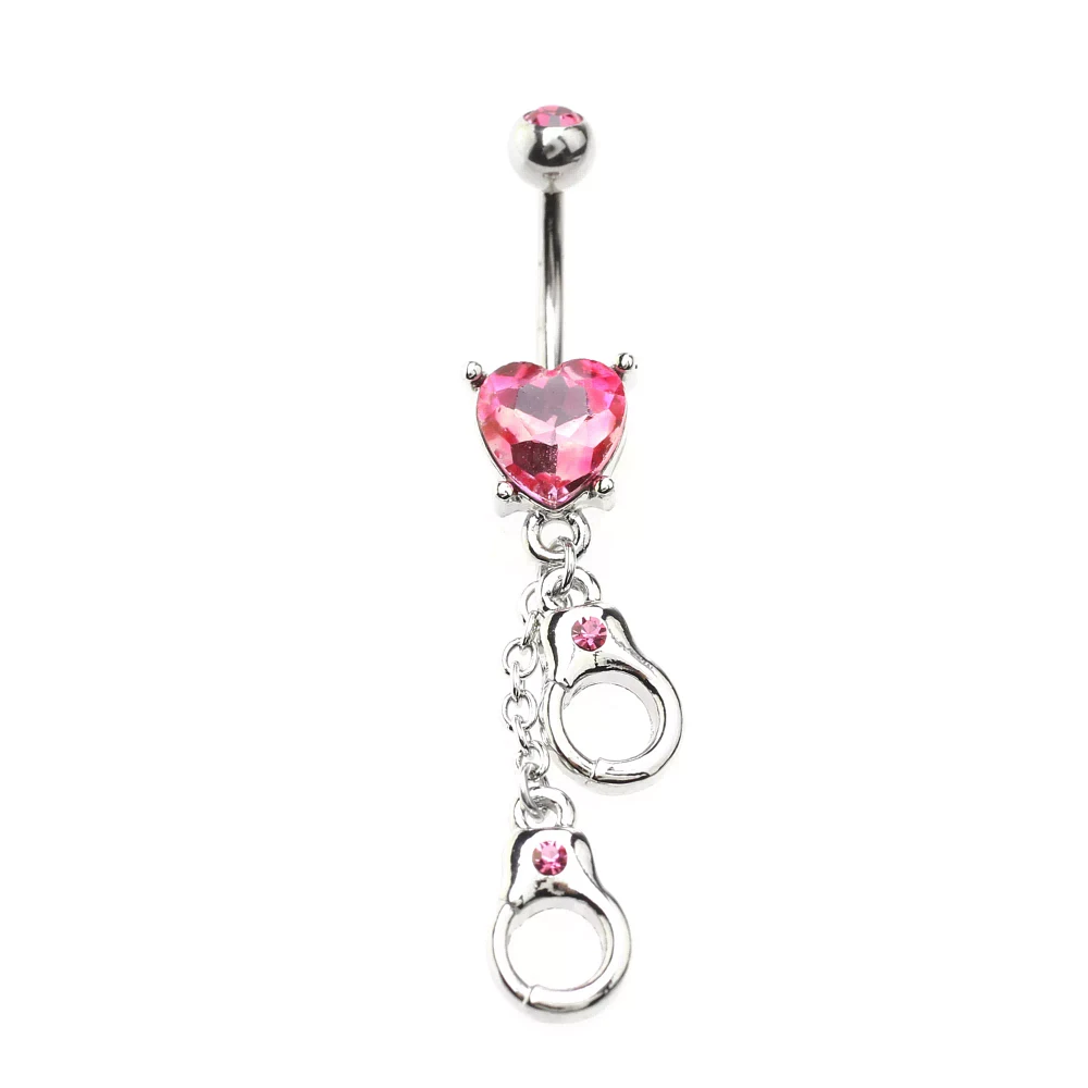 Pink Heart Hand Cuff Belly Ring - 14 Gauge