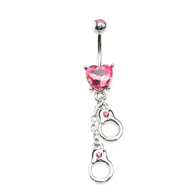 Pink Heart Hand Cuff Belly Ring - 14 Gauge