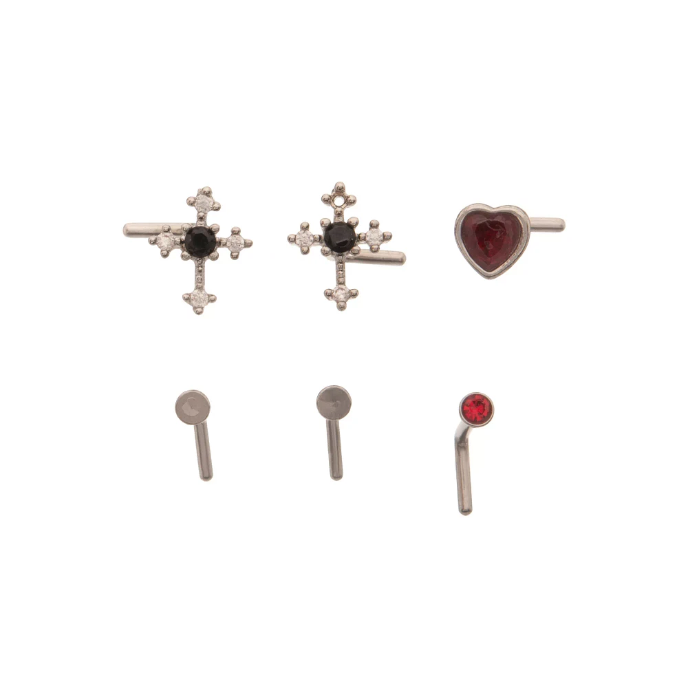 Gothic Heart and Cross L-Bend Nose Rings 6 Pack - 20 Gauge