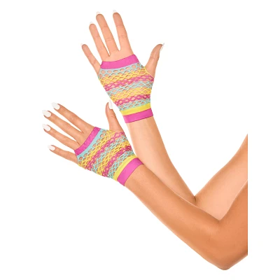 Multicolor Striped Fishnet Fingerless Gloves