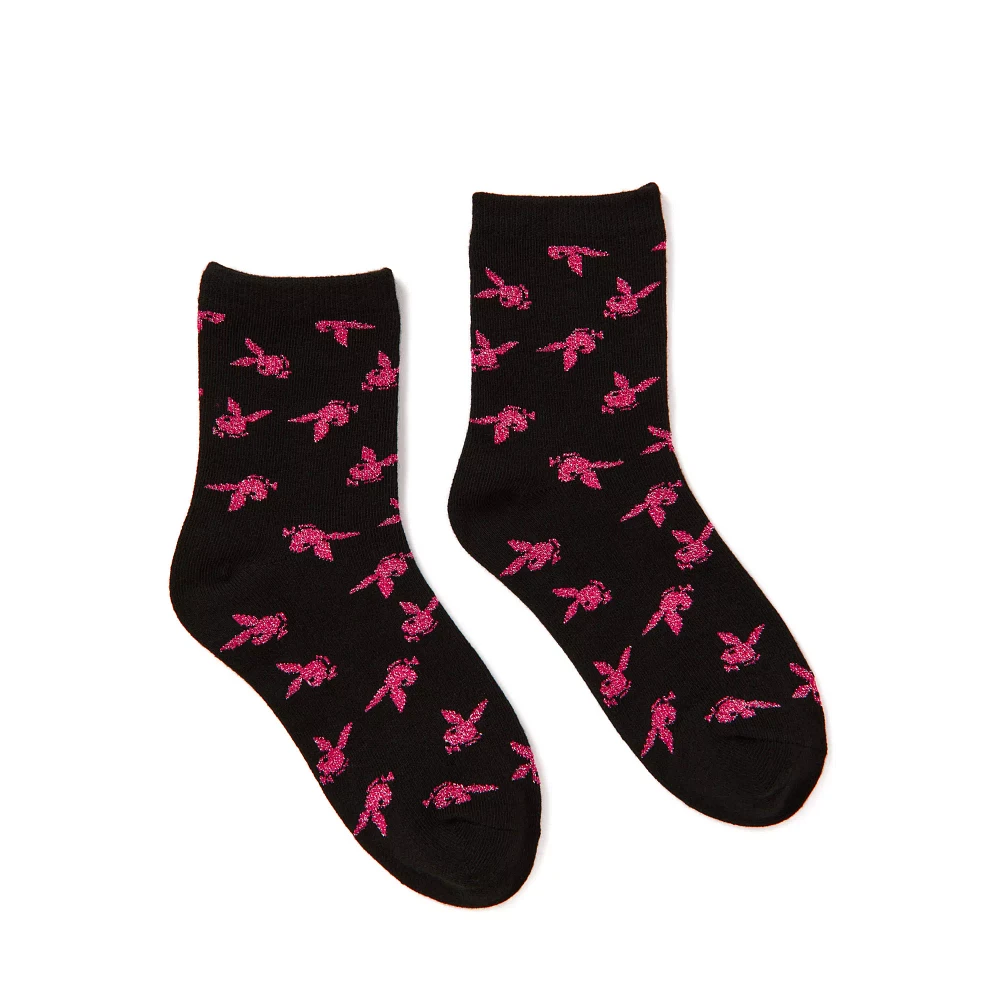Black and Pink Playboy Bunny Print Crew Socks
