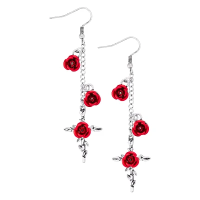 Red Roses Silvertone Cross Dangle Earrings