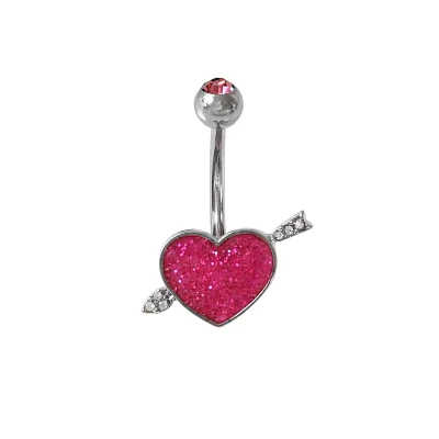 CZ Pink Glitter Heart Belly Ring - 14 Gauge