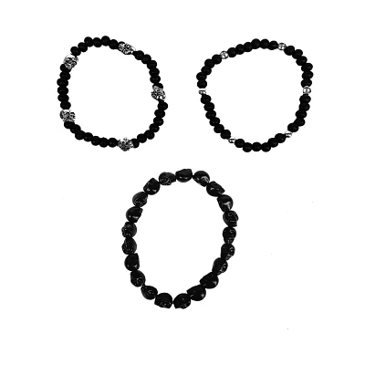 Multi-Pack Black Skull Beaded Bracelets - 3 Pack