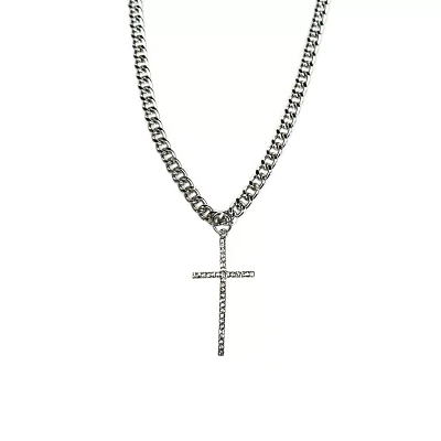 CZ Silvertone Cross Pendant Chain Necklace