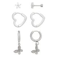 Multi-Pack CZ Stud Heart Hoop and Dangle Earrings 3 Pair - 18 Gauge