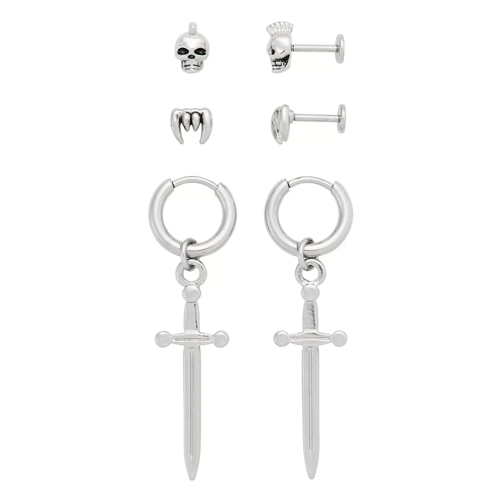 Multi-Pack Skull Stud Earrings and Dagger Dangle Earrings 3 Pair - 18 Gauge
